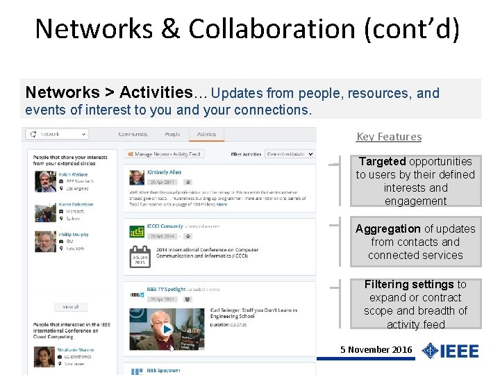 Networks & Collaboration (cont’d) Networks > Activities… Updates from people, resources, and events of
