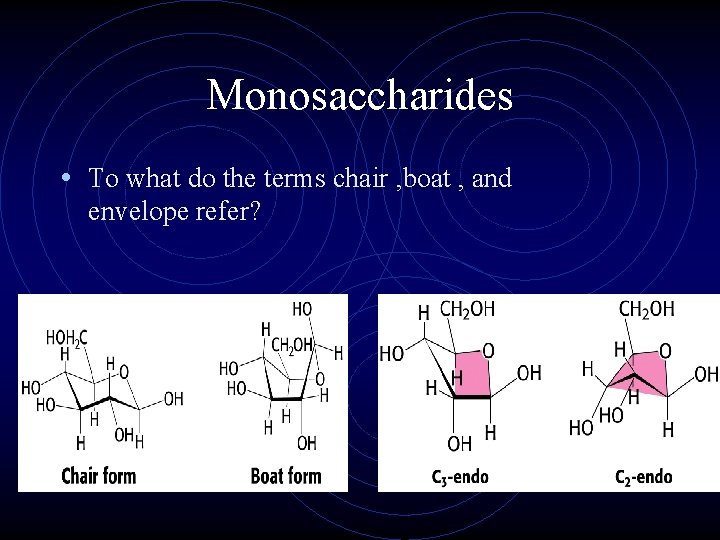 Monosaccharides • To what do the terms chair , boat , and envelope refer?