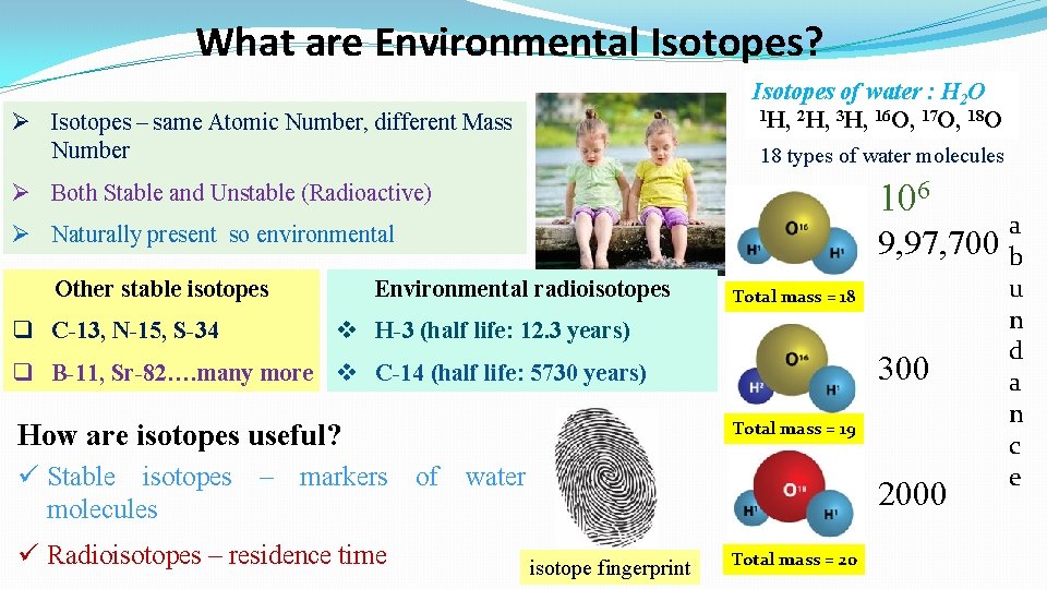 What are Environmental Isotopes? Isotopes of water : H 2 O 1 H, 2