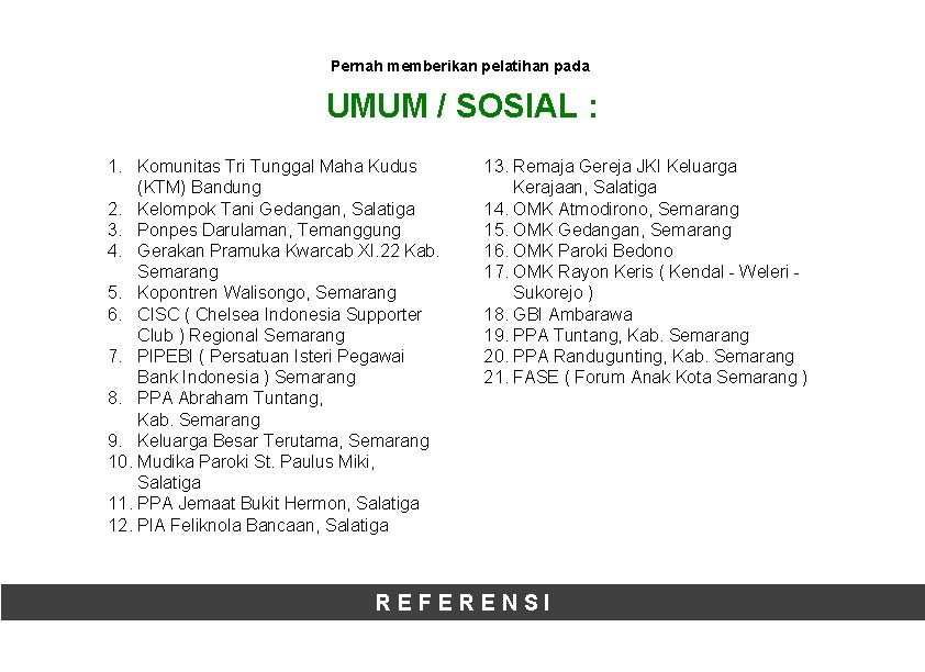 Pernah memberikan pelatihan pada UMUM / SOSIAL : 1. Komunitas Tri Tunggal Maha Kudus