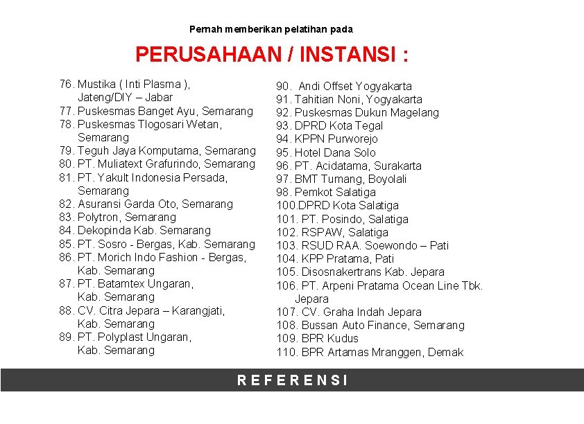 Pernah memberikan pelatihan pada PERUSAHAAN / INSTANSI : 76. Mustika ( Inti Plasma ),