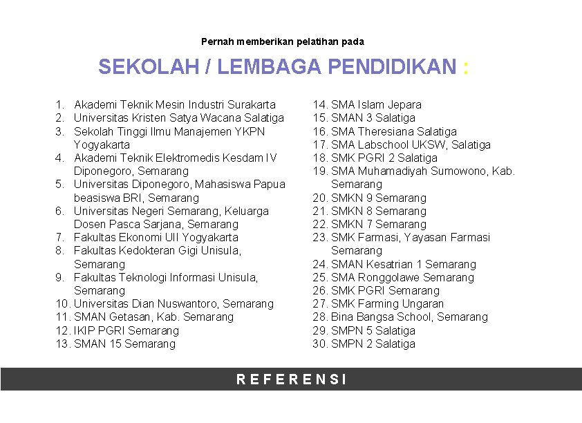 Pernah memberikan pelatihan pada SEKOLAH / LEMBAGA PENDIDIKAN : 1. Akademi Teknik Mesin Industri