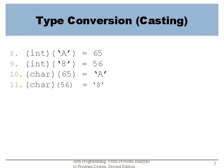 Type Conversion (Casting) 8. (int)(‘A’) 9. (int)(‘ 8’) 10. (char)(65) 11. (char)(56) = 65
