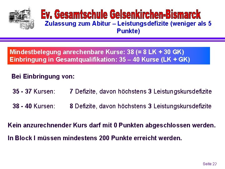 Zulassung zum Abitur – Leistungsdefizite (weniger als 5 Punkte) Mindestbelegung anrechenbare Kurse: 38 (=