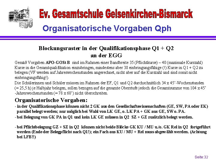 Organisatorische Vorgaben Qph Blockungsraster in der Qualifikationsphase Q 1 + Q 2 an der