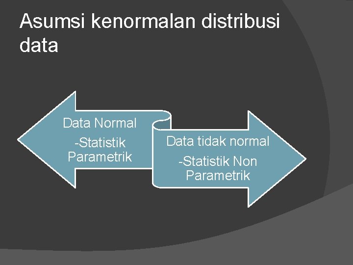 Asumsi kenormalan distribusi data Data Normal -Statistik Parametrik Data tidak normal -Statistik Non Parametrik