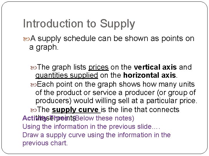 Introduction to Supply A supply schedule can be shown as points on a graph.