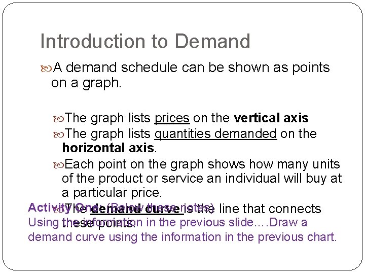 Introduction to Demand A demand schedule can be shown as points on a graph.