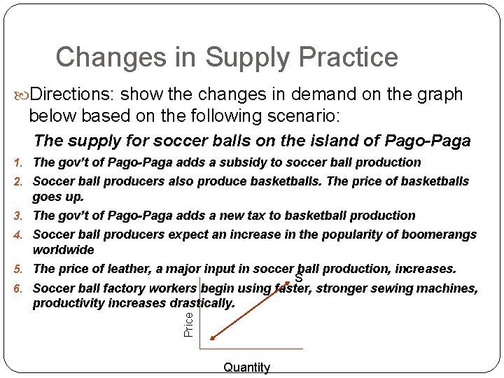 Changes in Supply Practice Directions: show the changes in demand on the graph below