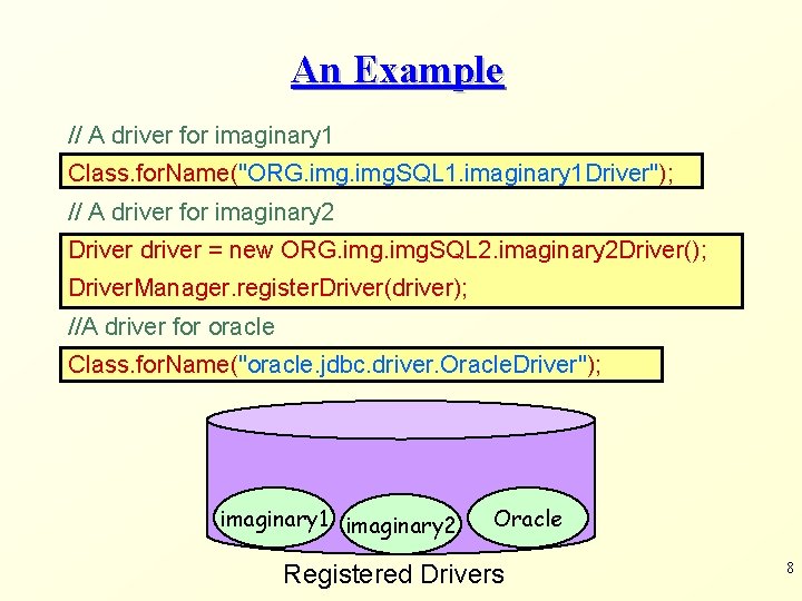 An Example // A driver for imaginary 1 Class. for. Name("ORG. img. SQL 1.