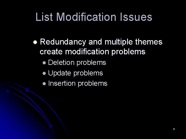 List Modification Issues l Redundancy and multiple themes create modification problems l Deletion problems