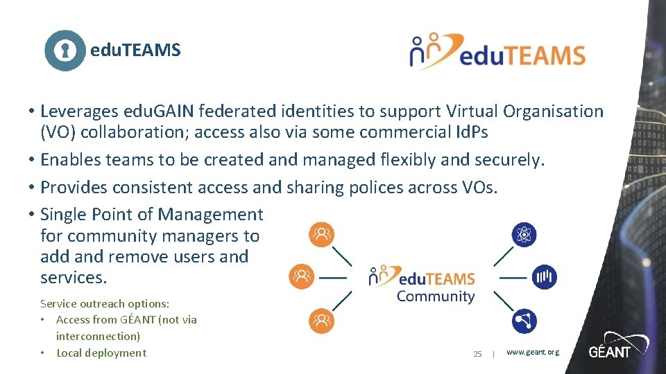 edu. TEAMS • Leverages edu. GAIN federated identities to support Virtual Organisation (VO) collaboration;