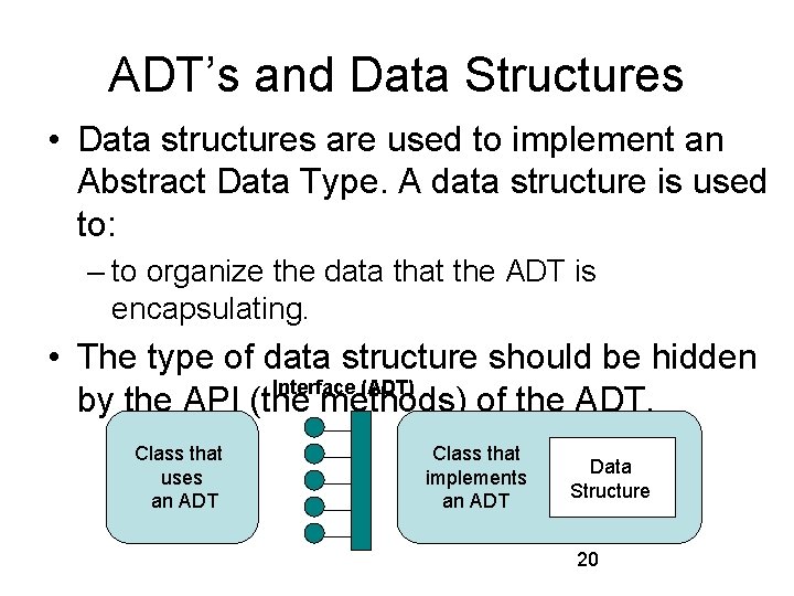 ADT’s and Data Structures • Data structures are used to implement an Abstract Data
