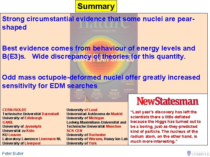 Summary Strong circumstantial evidence that some nuclei are pearshaped Best evidence comes from behaviour