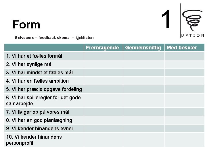 1 Form Selvscore – feedback skema – tjeklisten Fremragende 1. Vi har et fælles