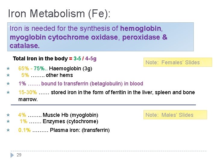 Iron Metabolism (Fe): Iron is needed for the synthesis of hemoglobin, hemoglobin myoglobin cytochrome