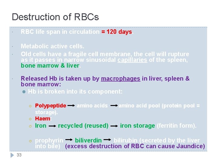 Destruction of RBCs RBC life span in circulation = 120 days. Metabolic active cells.
