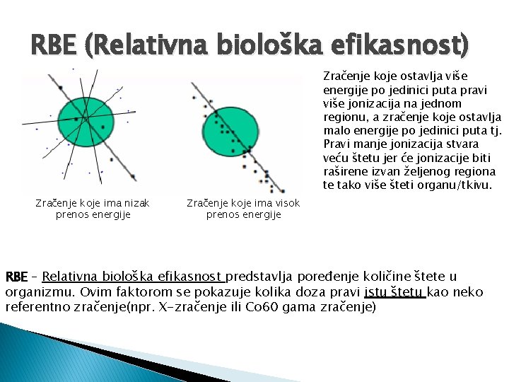 RBE (Relativna biološka efikasnost) Zračenje koje ostavlja više energije po jedinici puta pravi više