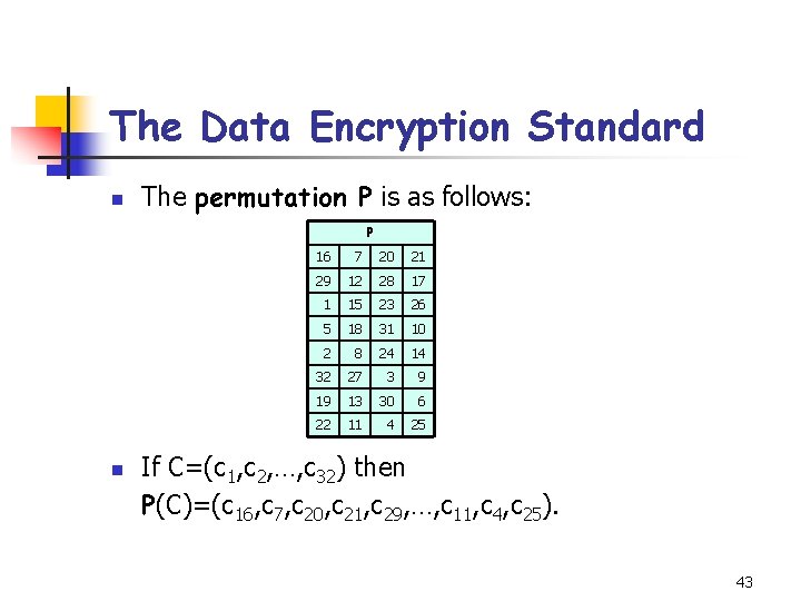 The Data Encryption Standard n The permutation P is as follows: P n 16 The Data Encryption Standard n The permutation P is as follows: P n 16