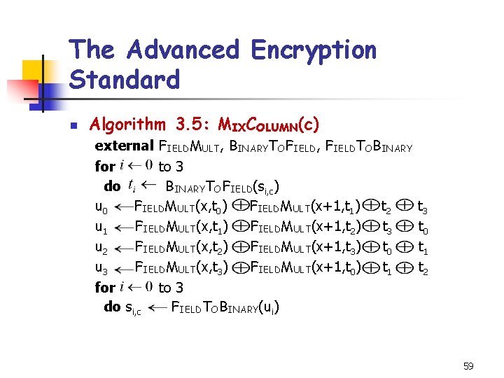 The Advanced Encryption Standard n Algorithm 3. 5: MIXCOLUMN(c) external FIELDMULT, BINARYTOFIELD, FIELDTOBINARY for The Advanced Encryption Standard n Algorithm 3. 5: MIXCOLUMN(c) external FIELDMULT, BINARYTOFIELD, FIELDTOBINARY for