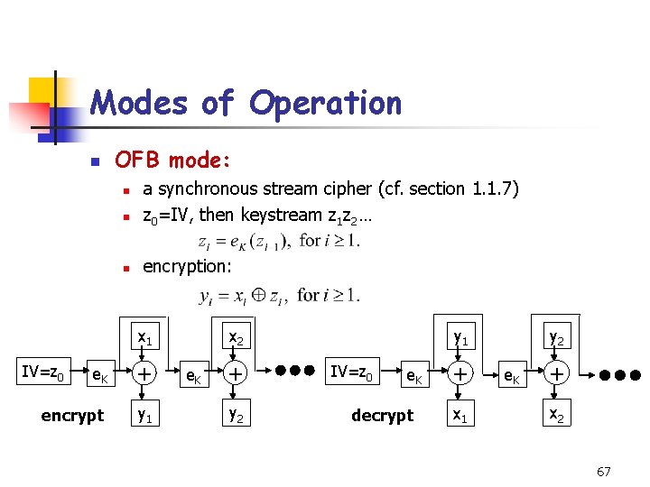Modes of Operation n OFB mode: n a synchronous stream cipher (cf. section 1. Modes of Operation n OFB mode: n a synchronous stream cipher (cf. section 1.