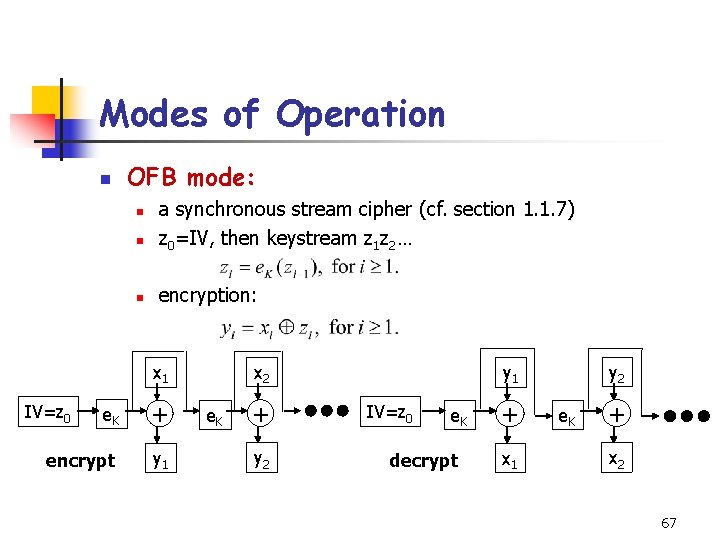 Modes of Operation n OFB mode: n a synchronous stream cipher (cf. section 1.