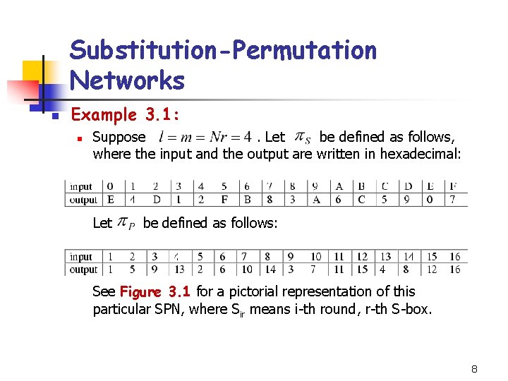 Substitution-Permutation Networks n Example 3. 1: n Suppose. Let be defined as follows, where