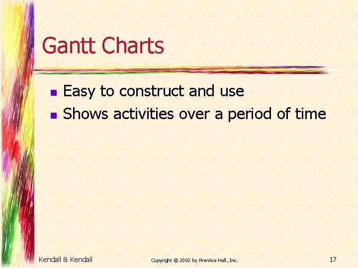 Gantt Charts n n Easy to construct and use Shows activities over a period