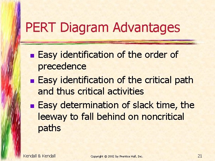 PERT Diagram Advantages n n n Easy identification of the order of precedence Easy
