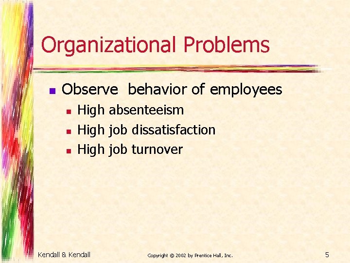 Organizational Problems n Observe behavior of employees n n n High absenteeism High job