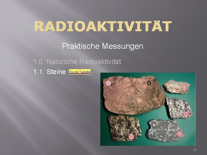 RADIOAKTIVITÄT Praktische Messungen 1. 0. Natürliche Radioaktivität 1. 1. Steine Excel-Tabelle 17 
