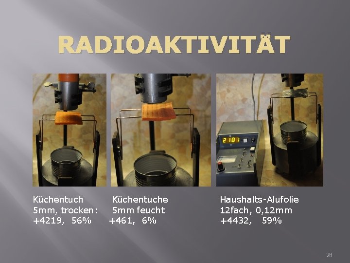 RADIOAKTIVITÄT Küchentuch 5 mm, trocken: +4219, 56% Küchentuche 5 mm feucht +461, 6% Haushalts-Alufolie