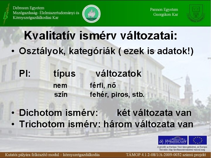 Kvalitatív ismérv változatai: • Osztályok, kategóriák ( ezek is adatok!) Pl: típus nem szín