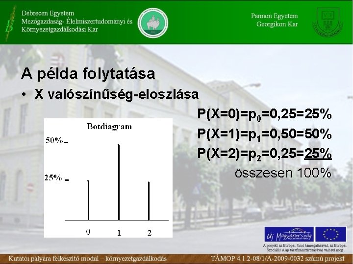 A példa folytatása • X valószínűség-eloszlása P(X=0)=p 0=0, 25=25% P(X=1)=p 1=0, 50=50% P(X=2)=p 2=0,