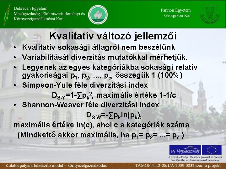 Kvalitatív változó jellemzői • Kvalitatív sokasági átlagról nem beszélünk • Variabilitását diverzitás mutatókkal mérhetjük.