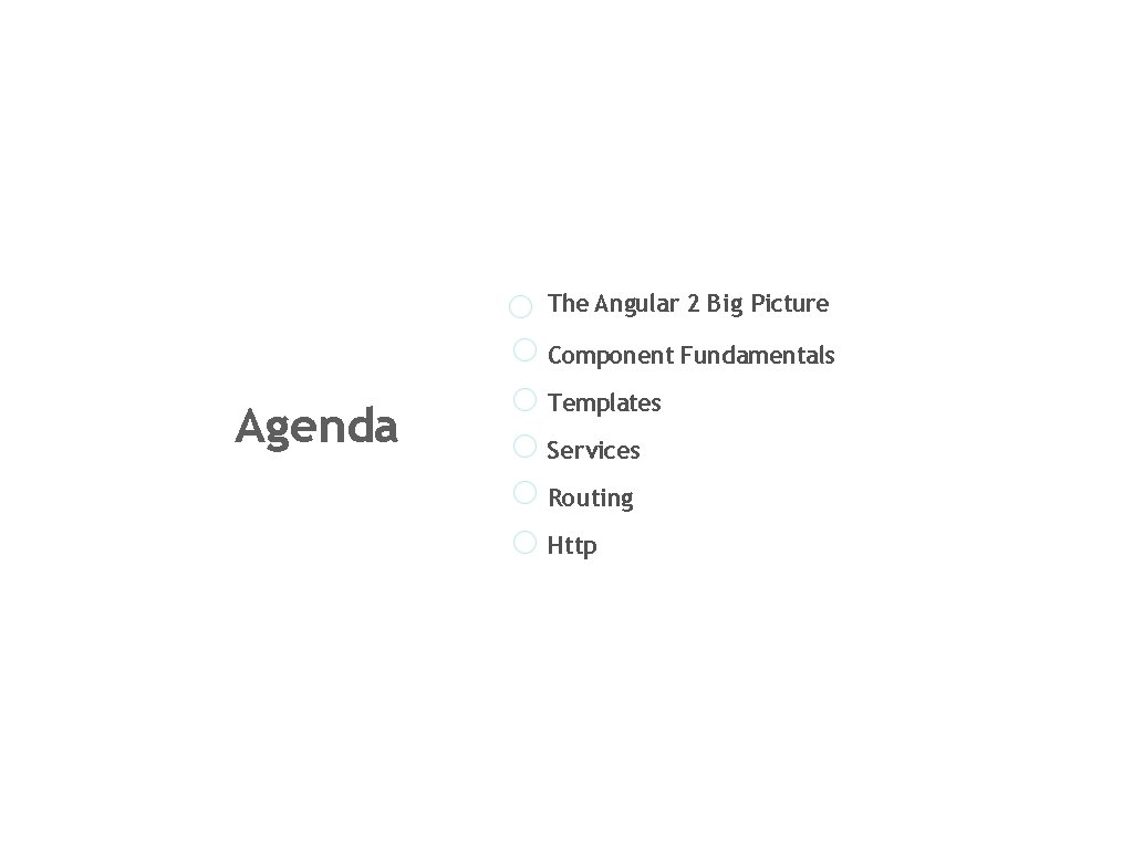 The Angular 2 Big Picture Component Fundamentals Agenda Templates Services Routing Http 