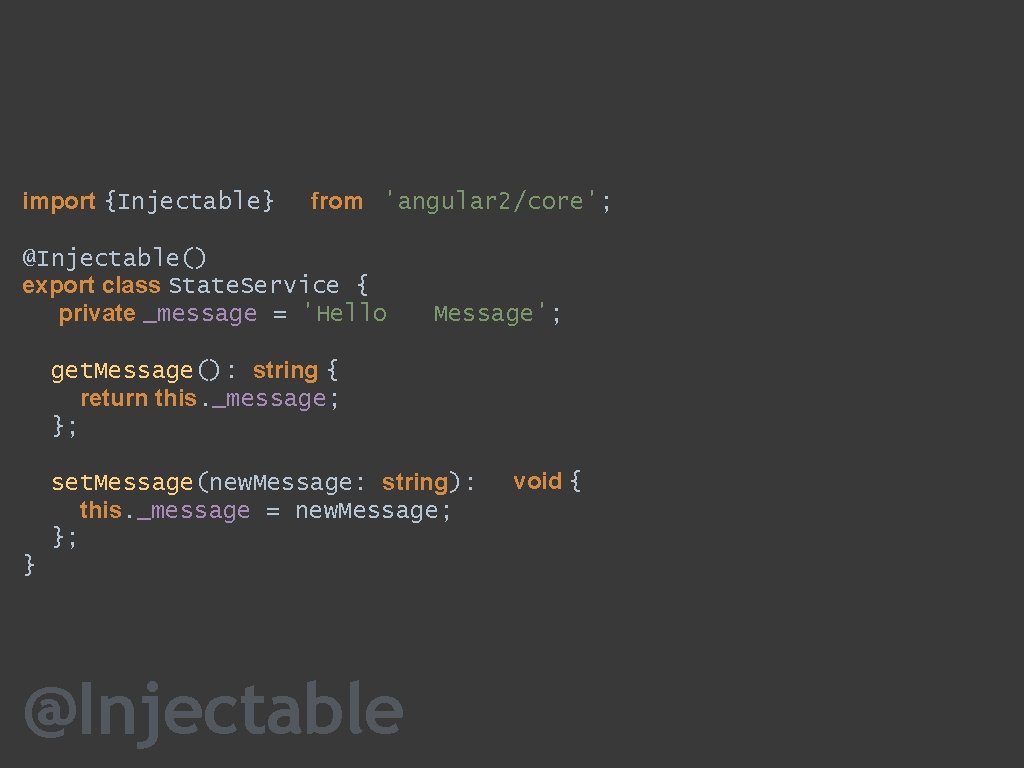 import {Injectable} from 'angular 2/core'; @Injectable() export class State. Service { private _message =