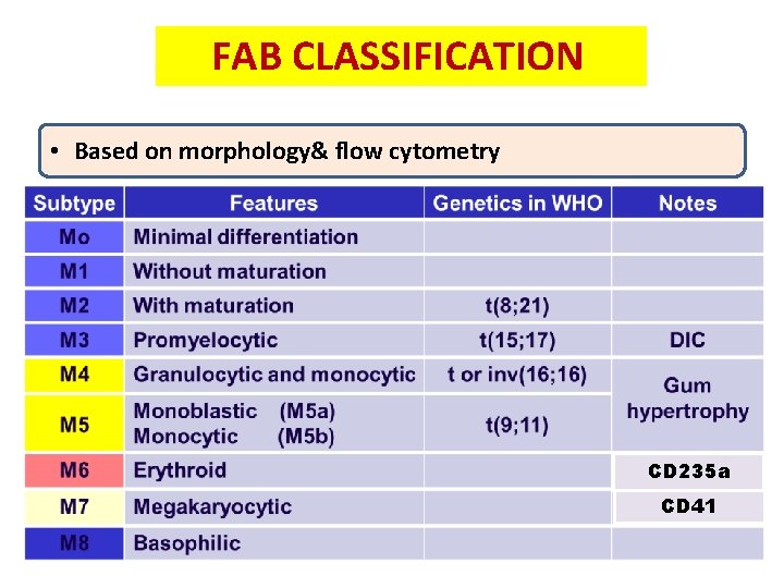 FAB CLASSIFICATION • Based on morphology& flow cytometry CD 235 a CD 41 