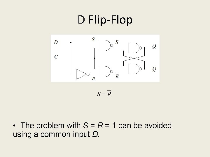 D Flip-Flop • The problem with S = R = 1 can be avoided