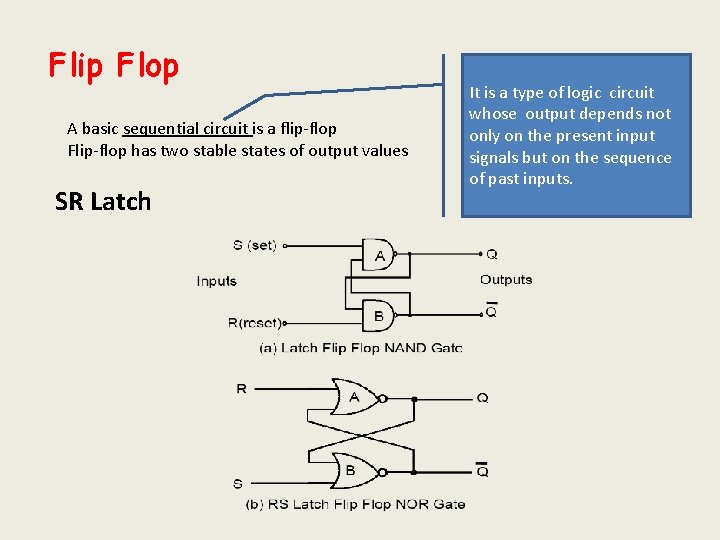 Flip Flop A basic sequential circuit is a flip-flop Flip-flop has two stable states