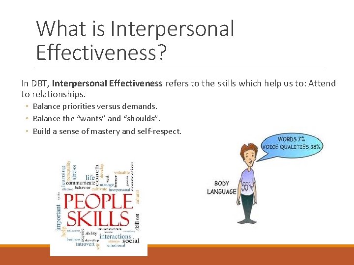 What is Interpersonal Effectiveness? In DBT, Interpersonal Effectiveness refers to the skills which help