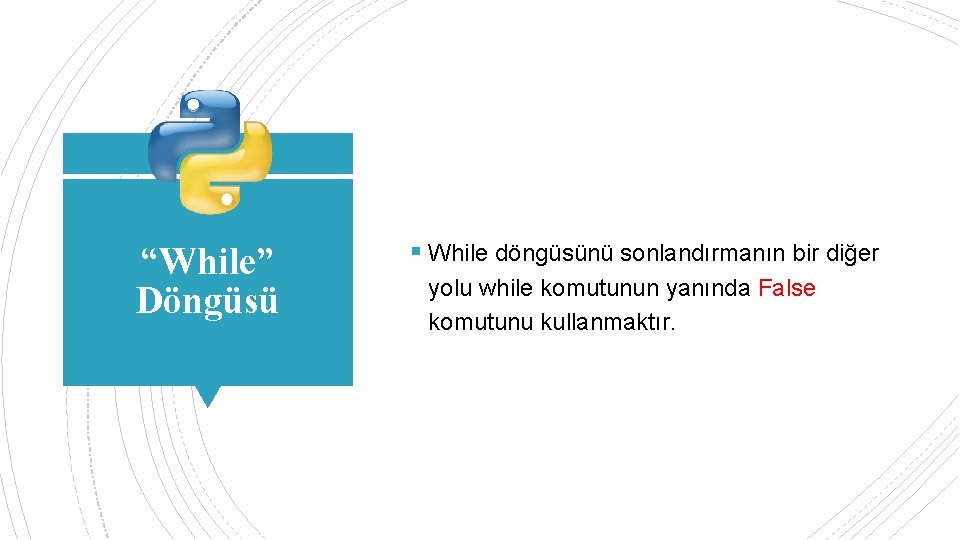 “While” Döngüsü § While döngüsünü sonlandırmanın bir diğer yolu while komutunun yanında False komutunu