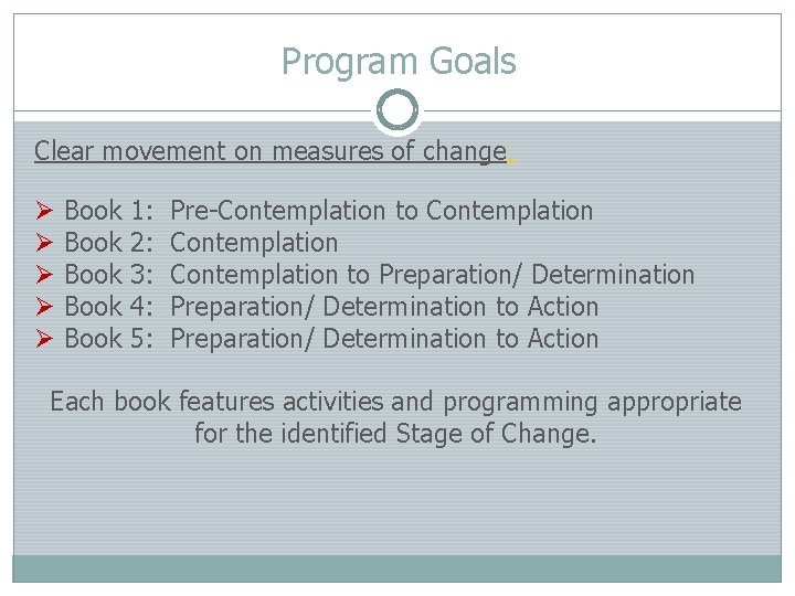Program Goals Clear movement on measures of change: Ø Ø Ø Book Book 1: