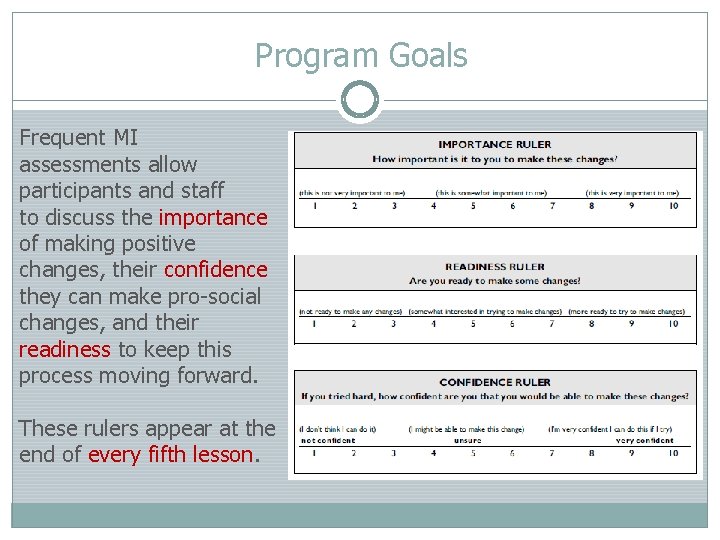 Program Goals Frequent MI assessments allow participants and staff to discuss the importance of