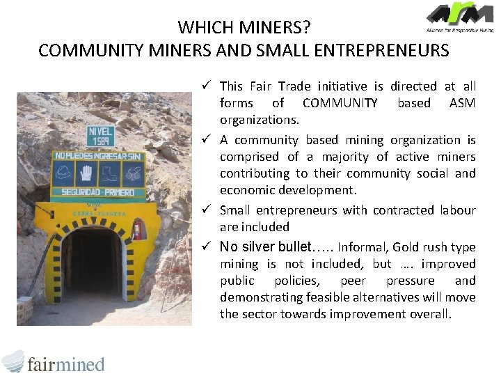 WHICH MINERS? COMMUNITY MINERS AND SMALL ENTREPRENEURS ü This Fair Trade initiative is directed