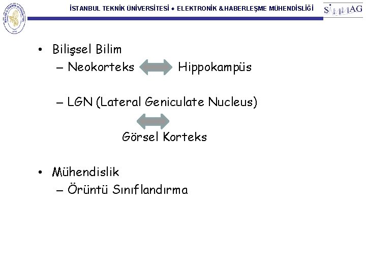 İSTANBUL TEKNİK ÜNİVERSİTESİ ♦ ELEKTRONİK & HABERLEŞME MÜHENDİSLİĞİ • Bilişsel Bilim – Neokorteks Hippokampüs