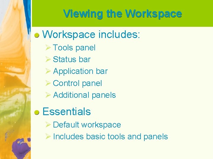 Viewing the Workspace includes: Ø Tools panel Ø Status bar Ø Application bar Ø