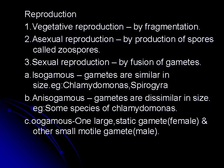 Reproduction 1. Vegetative reproduction – by fragmentation. 2. Asexual reproduction – by production of