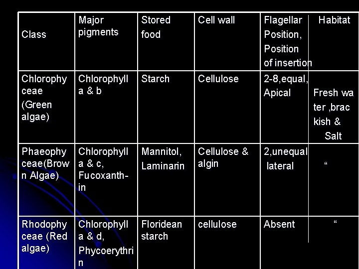 Class Chlorophy ceae (Green algae) Major pigments Stored food Cell wall Flagellar Habitat Position,