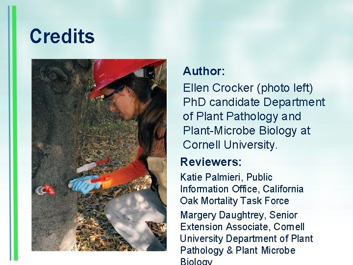 Credits Author: Ellen Crocker (photo left) Ph. D candidate Department of Plant Pathology and